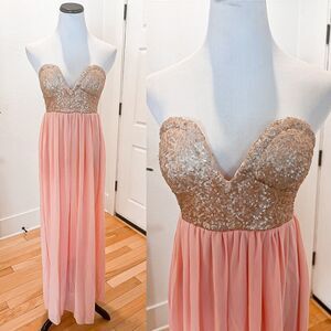 Pink strapless gold sequin bust maxi dress wedding guest
